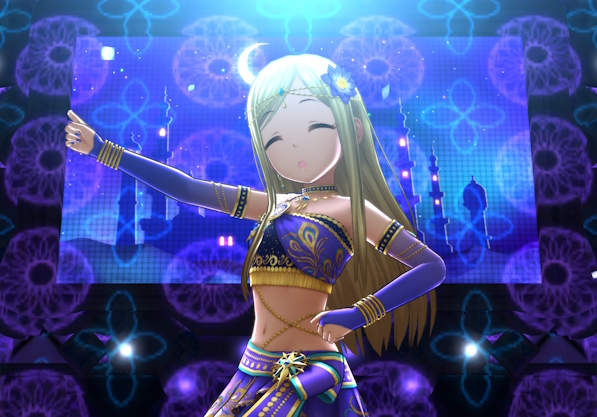 デレステの「千夜一夜」MVで、[異国に吹く風]の衣装のライラさんがポーズをとっているスクリーンショット。