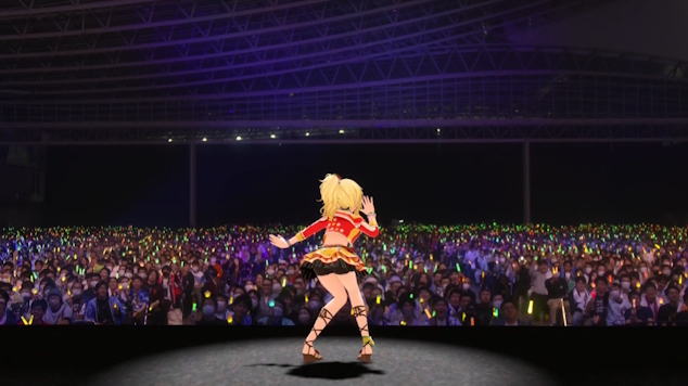 ステージ側からアイドルの後ろ姿と観客席を映しているスクリーンショット